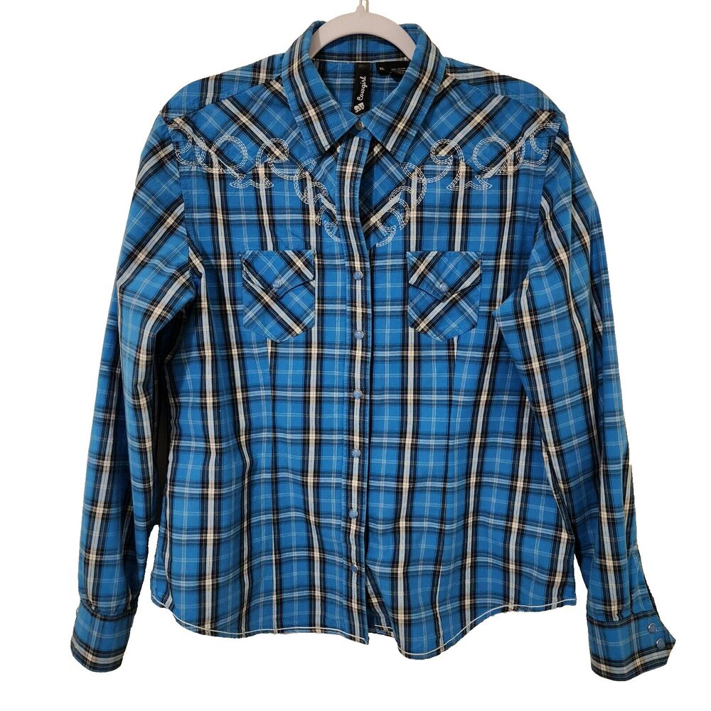 RU Cowgirl Women Western Cotton Plaid Button-Up Shirt Blue Black Stitching Sz XL